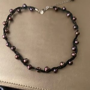 Unique deep pink pearl and leather choker